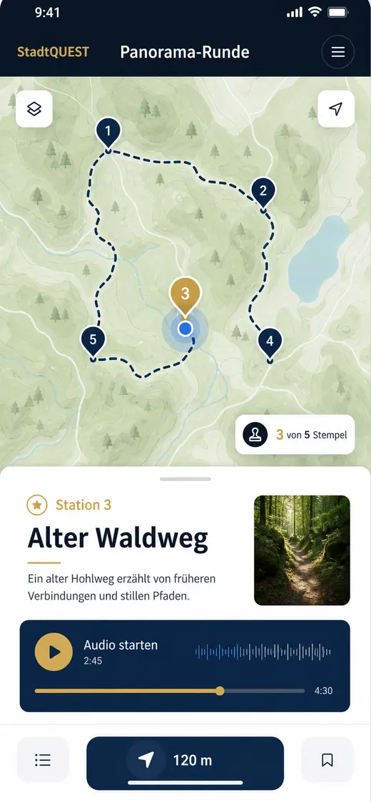 Mobile StadtQUEST Ansicht mit Route und naechster Station