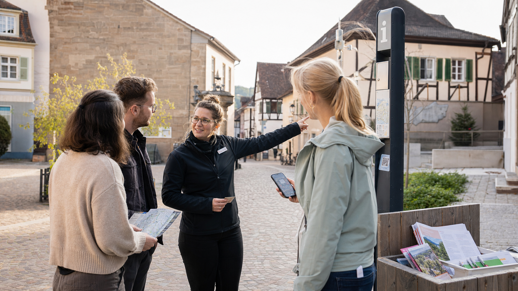 Tourist-Information erklärt Gästen den Startpunkt eines digitalen Rundgangs
