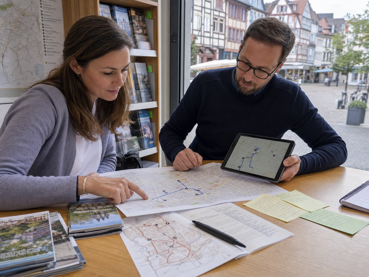 Tourismus-Team plant Stationen eines digitalen Rundgangs auf Karte und Tablet