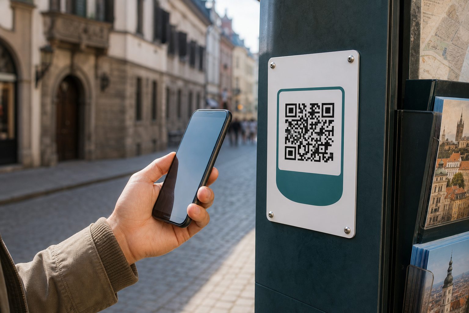 Gast scannt den QR-Code am Einstieg eines Stadtrundgangs