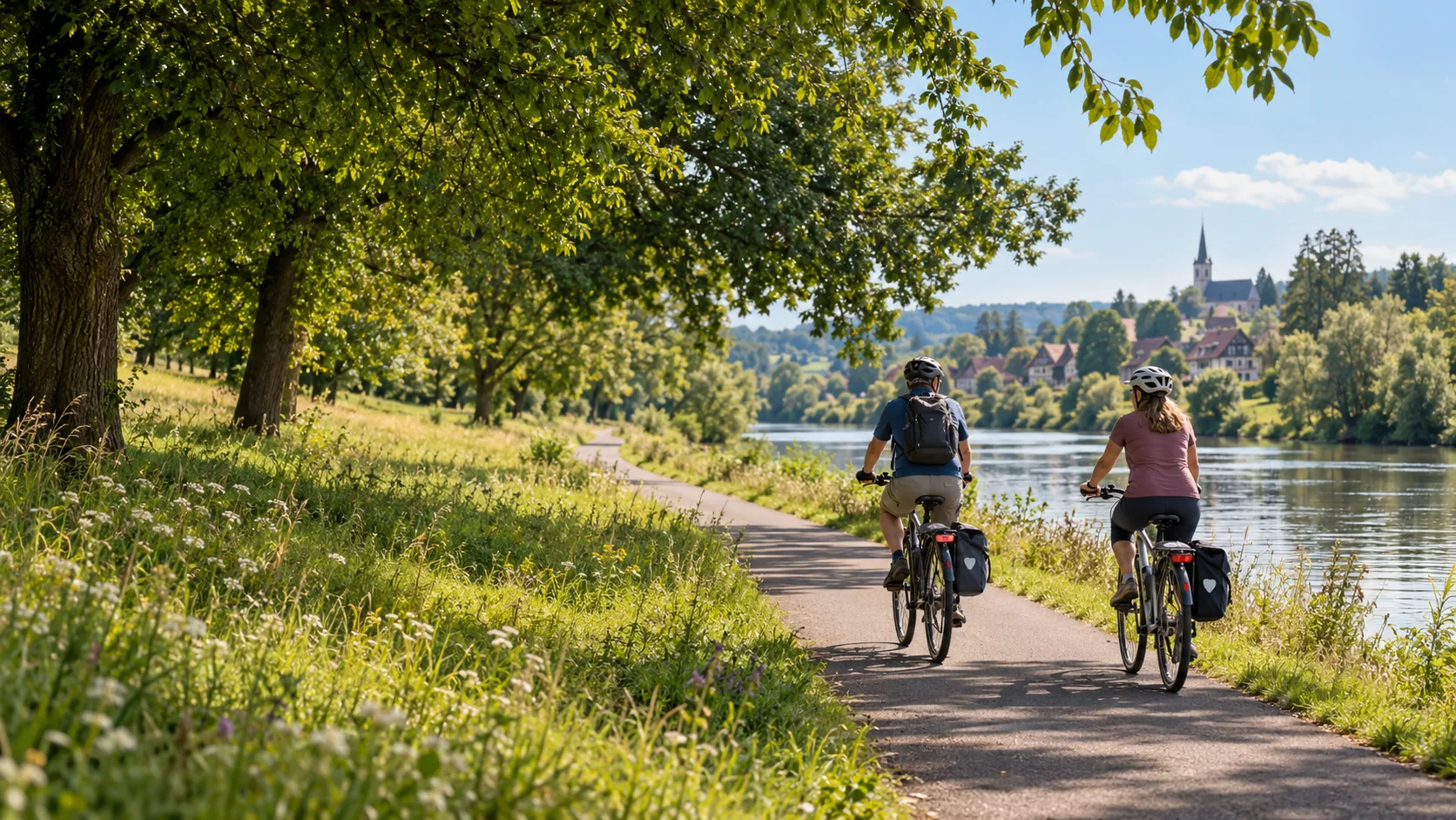 Zwei Radreisende auf einem Radweg am Fluss