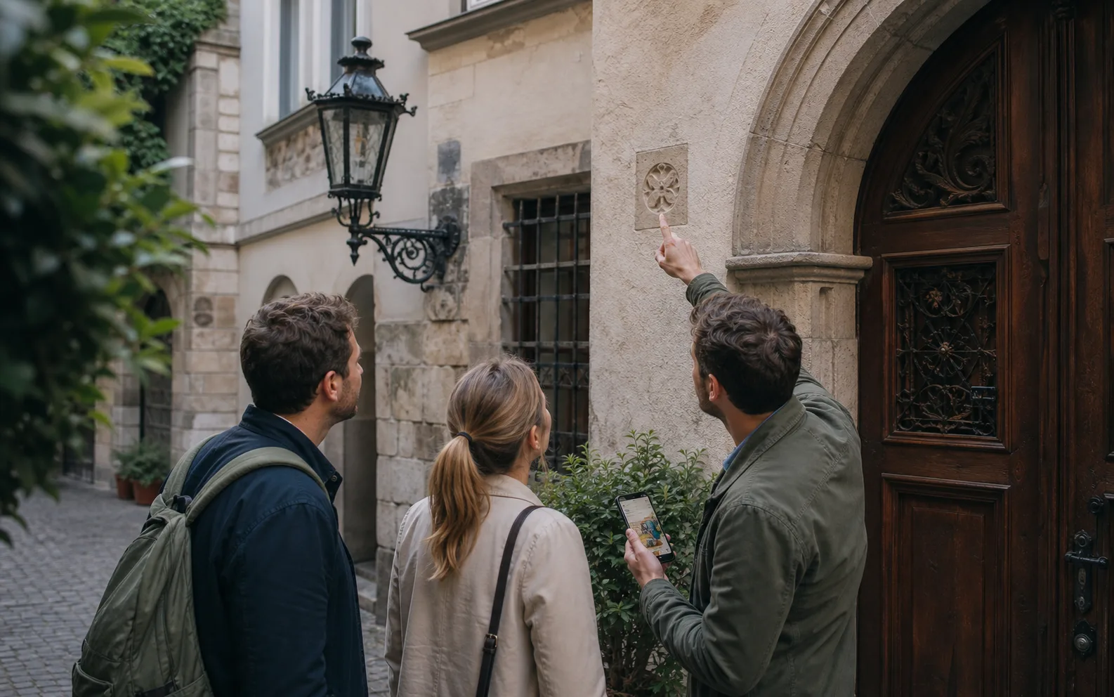 Besucher lösen mit Smartphone ein Rätsel an einem historischen Fassadendetail